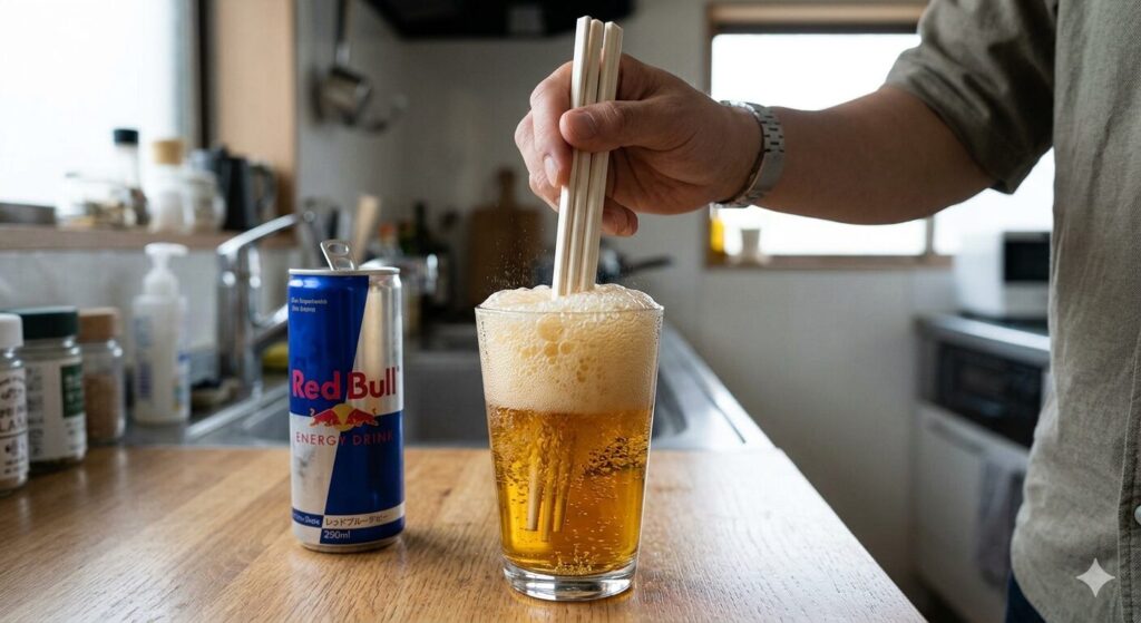 レッドブルの炭酸抜きの割りばしで混ぜる方法を表している画像