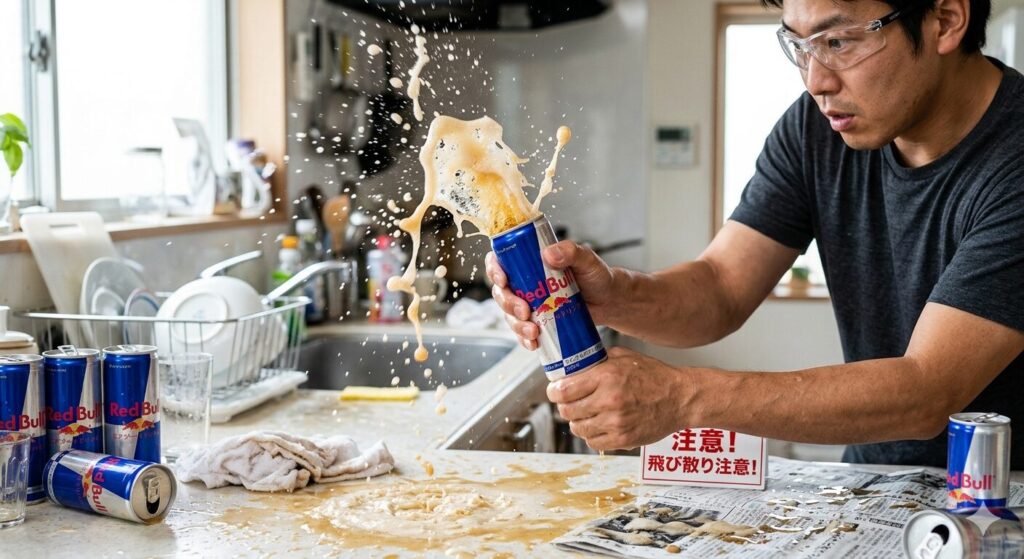 レッドブルの炭酸抜きの振るやりかたを表している画像